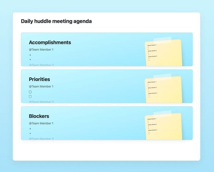 Daily huddle meeting agenda template in Craft