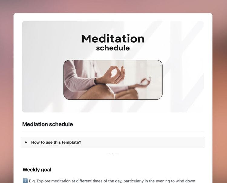 Meditation schedule template showing instructions and a weekly goal section.