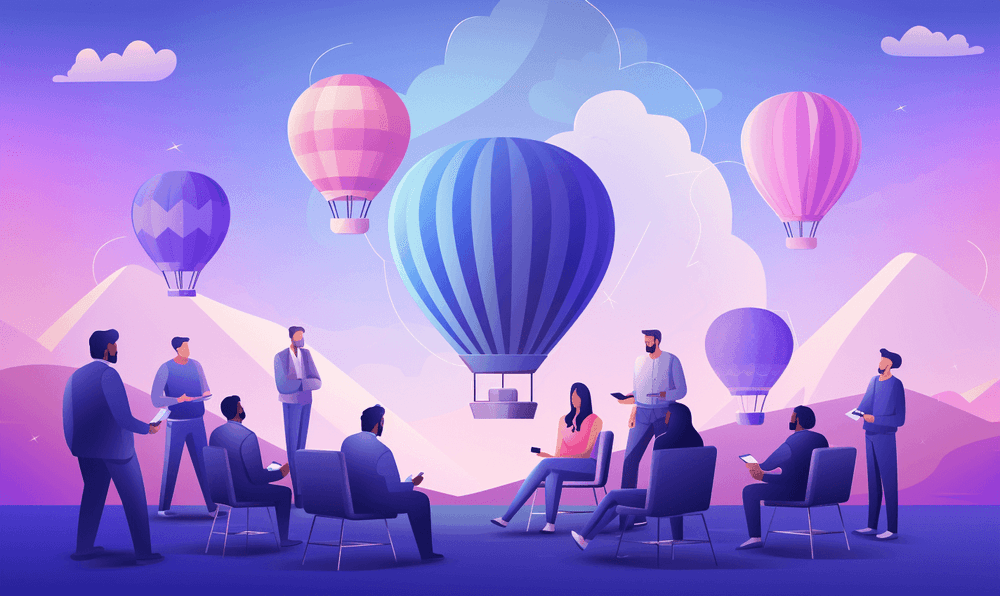 Illustration representing a Hot Air Balloon Retrospective Meeting. Includes people talking and hot air balloons.