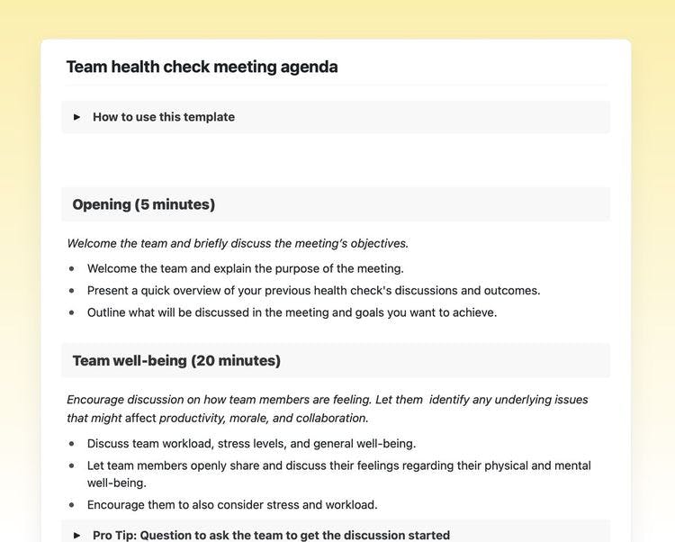 Team health check meeting agenda template in Craft showing instruction, opening, and team well-being sections.