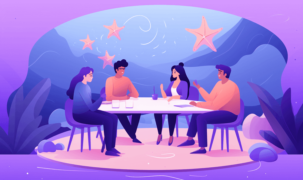 A team having a business meeting surrounded by symbolic starfish.