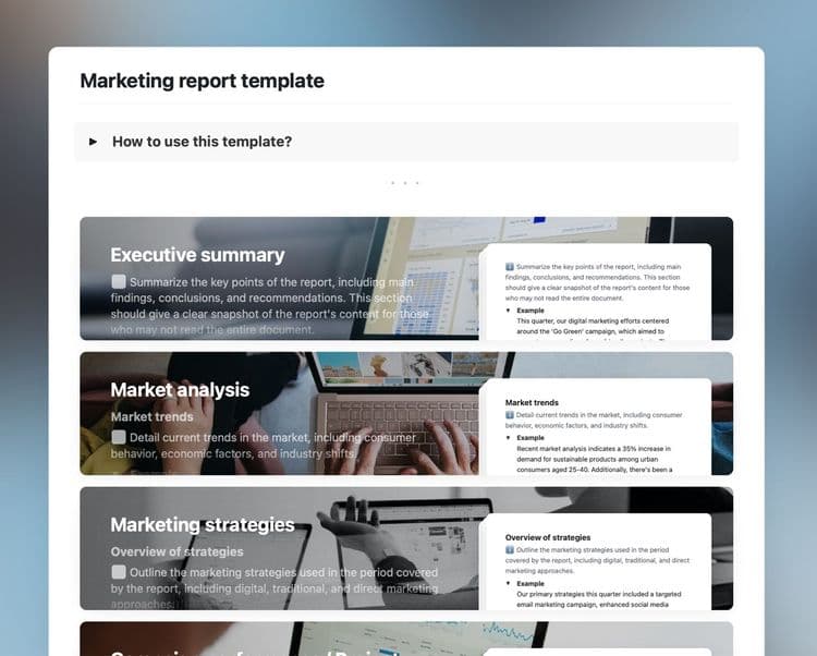 Marketing report template in Craft showing instructions and sections of the report.