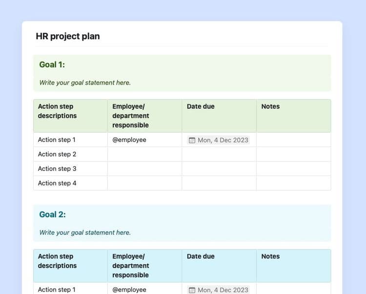 Craft Free Template: HR project plan in Craft