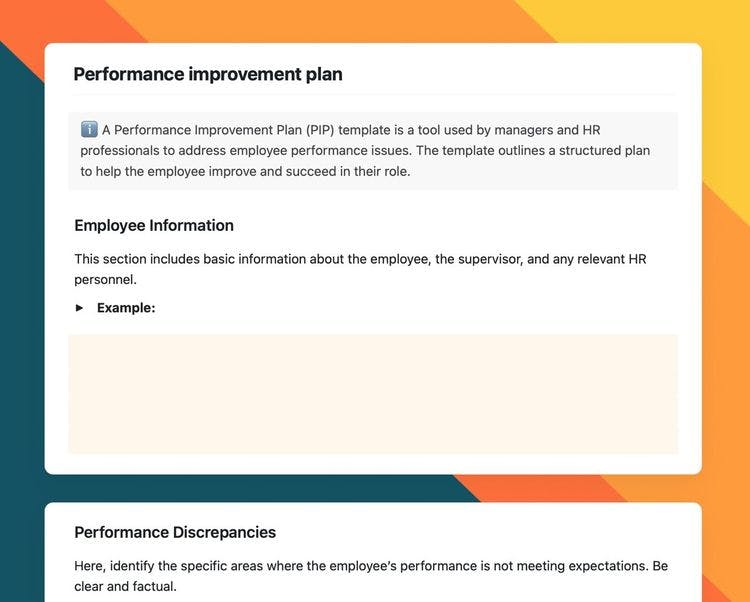Performance improvement plan template in Craft showing instructions.