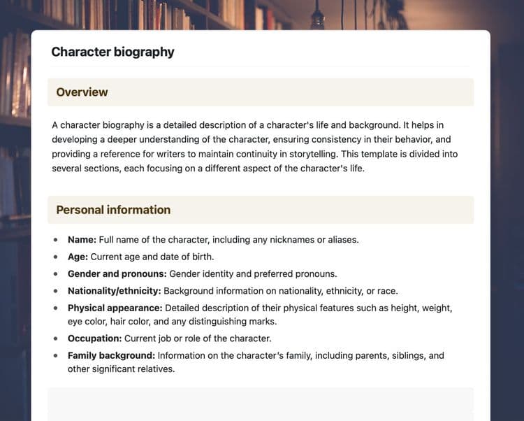 Craft Free Template: Character biography template in Craft showing an overview and personal information.