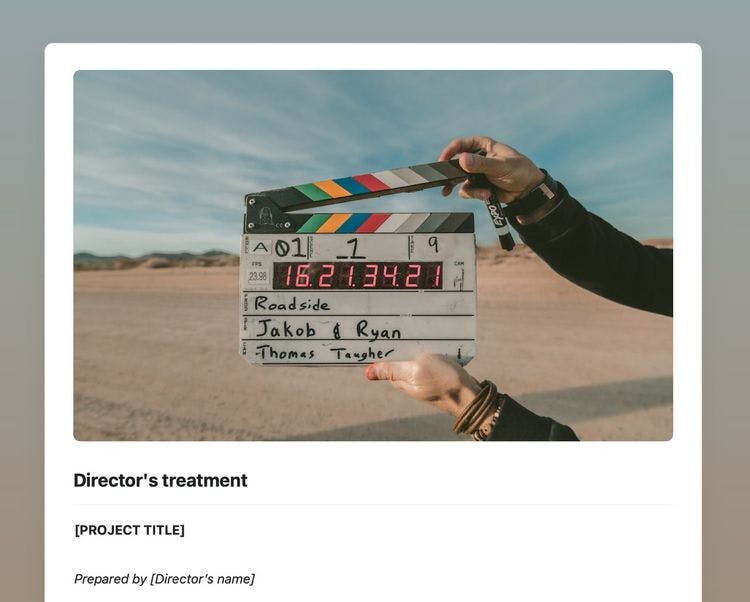 Screenshot of the Craft director’s treatment template showing a cover image containing a director’s slate during filming.