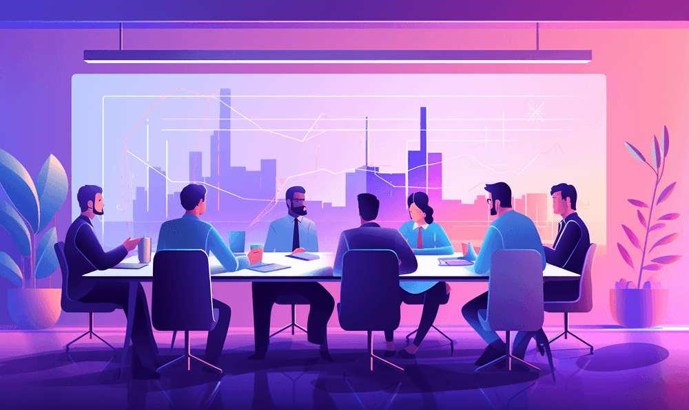 Illustration of a board meeting with company executives discussing company priorities