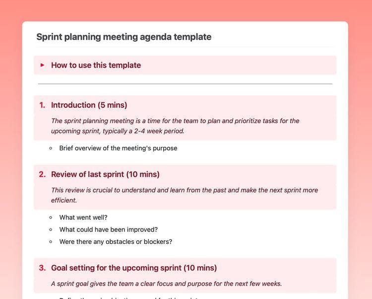 Craft Free Template: Sprint planning meeting agenda template in Craft showing instructions and introduction, review of last sprint, and goal-setting sections.