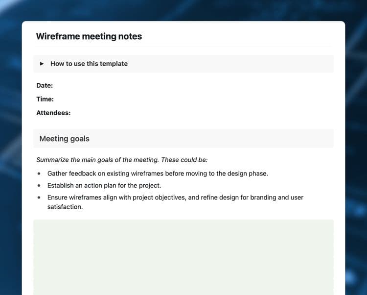Wireframe meeting notes template in Craft showing instructions, and the meeting goals template with advice.
