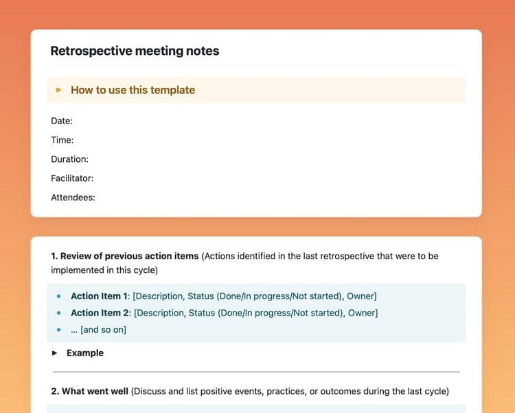 Retrospective meeting notes in Craft showing information, review of previous action items, and what went well sections.