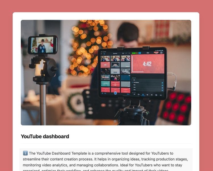 Youtube dashboard template in Craft showing instructions.