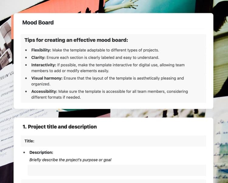 Mood board template in Craft showing instructions and project title and description section.
