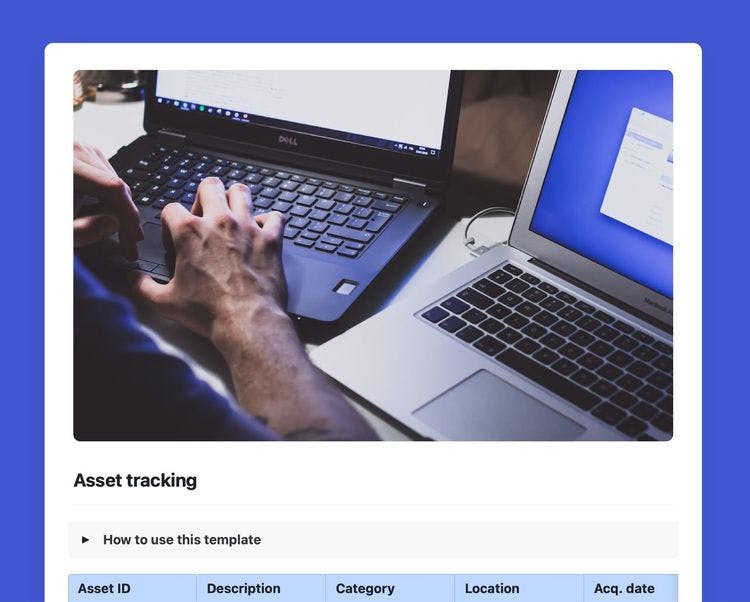 Craft Free Template: Screenshot of the Craft asset tracker template showing a cover image containing someone working on a laptop.
