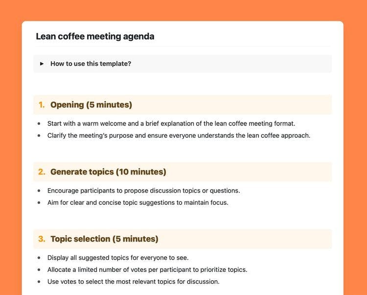 Lean coffee meeting agenda template in Craft.