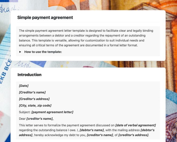 Craft Free Template: simple payment agreement in craft