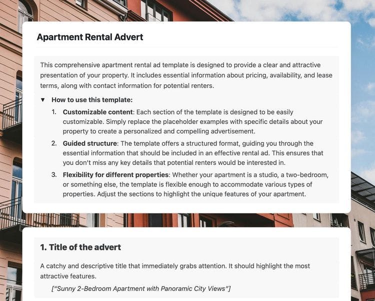 Craft Free Template: Apartment rental advert in craft