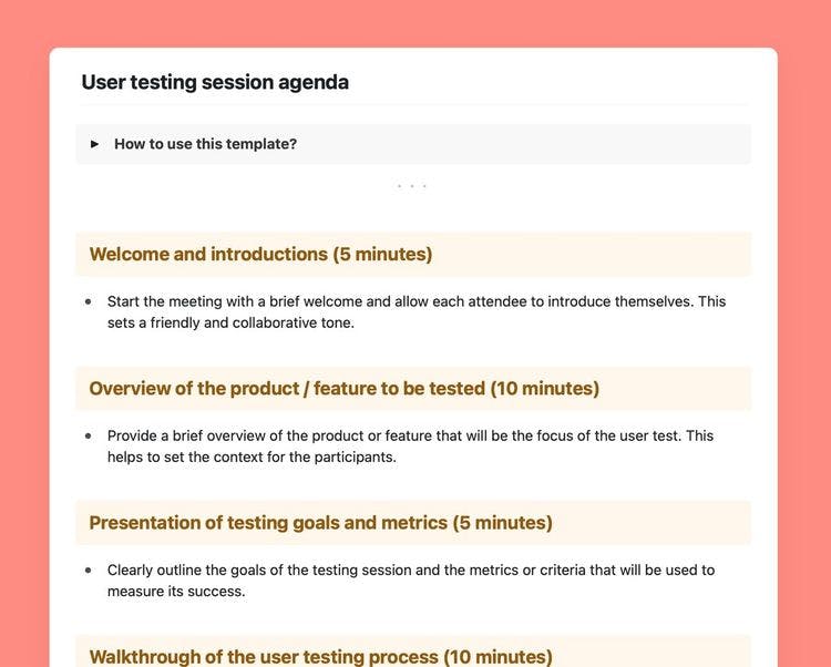 Craft Free Template: User testing session agenda template in Craft.