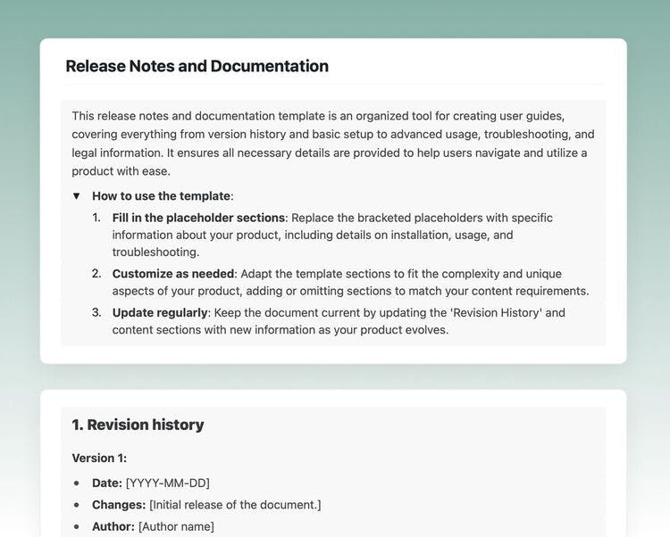 Craft Free Template: Release notes and documentation in craft