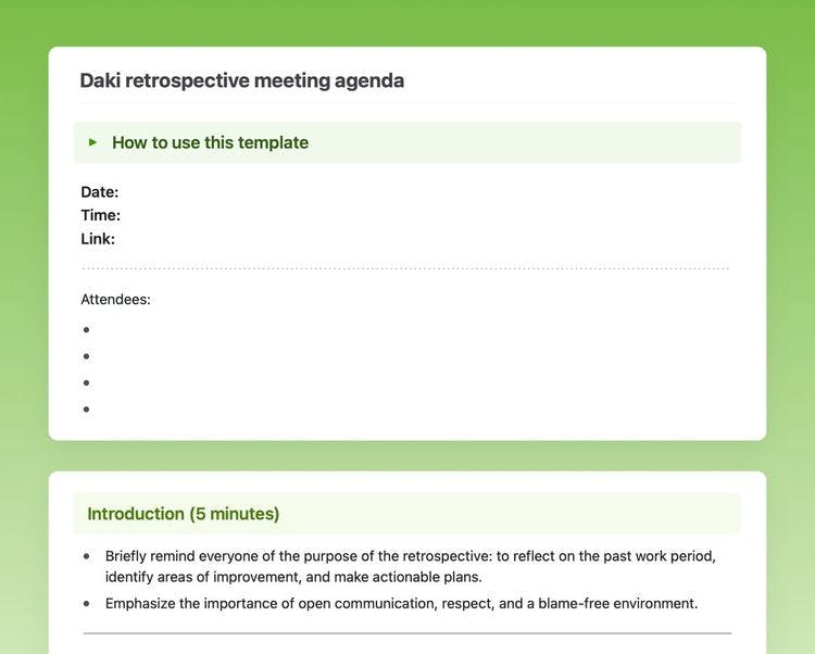 Craft Free Template: The Daki retrospective meeting agenda template followed by how to use it, date, time, link, attendees of the meeting