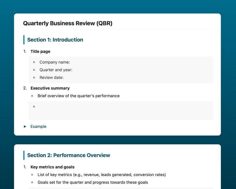 Quarterly business review template in Craft showing introduction and performance overview sections.