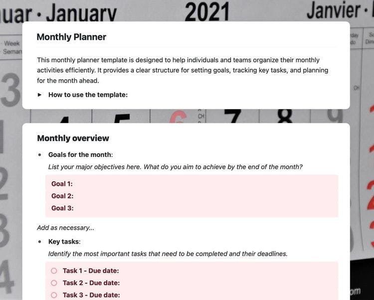 Craft Free Template: Monthly planner in craft