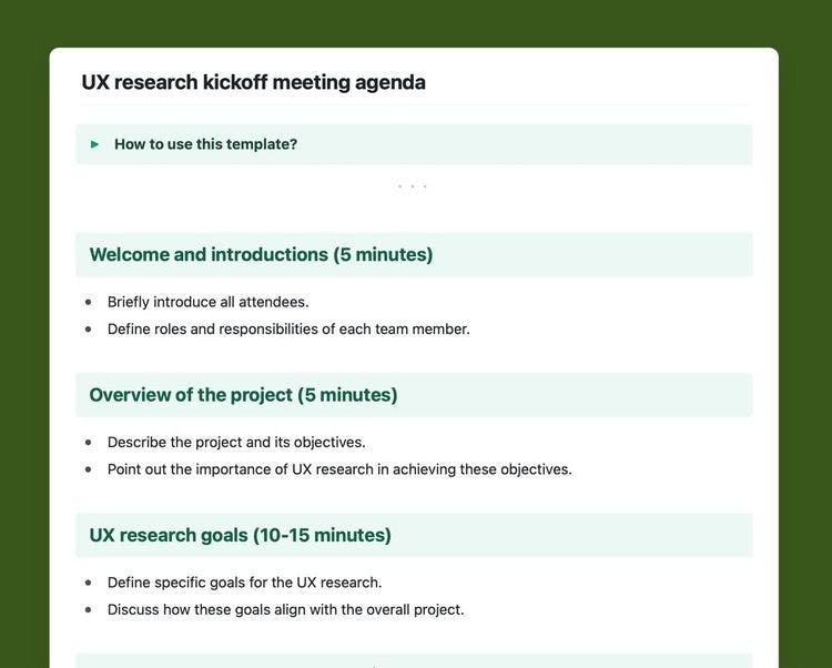 UX research kickoff meeting agenda template in Craft.