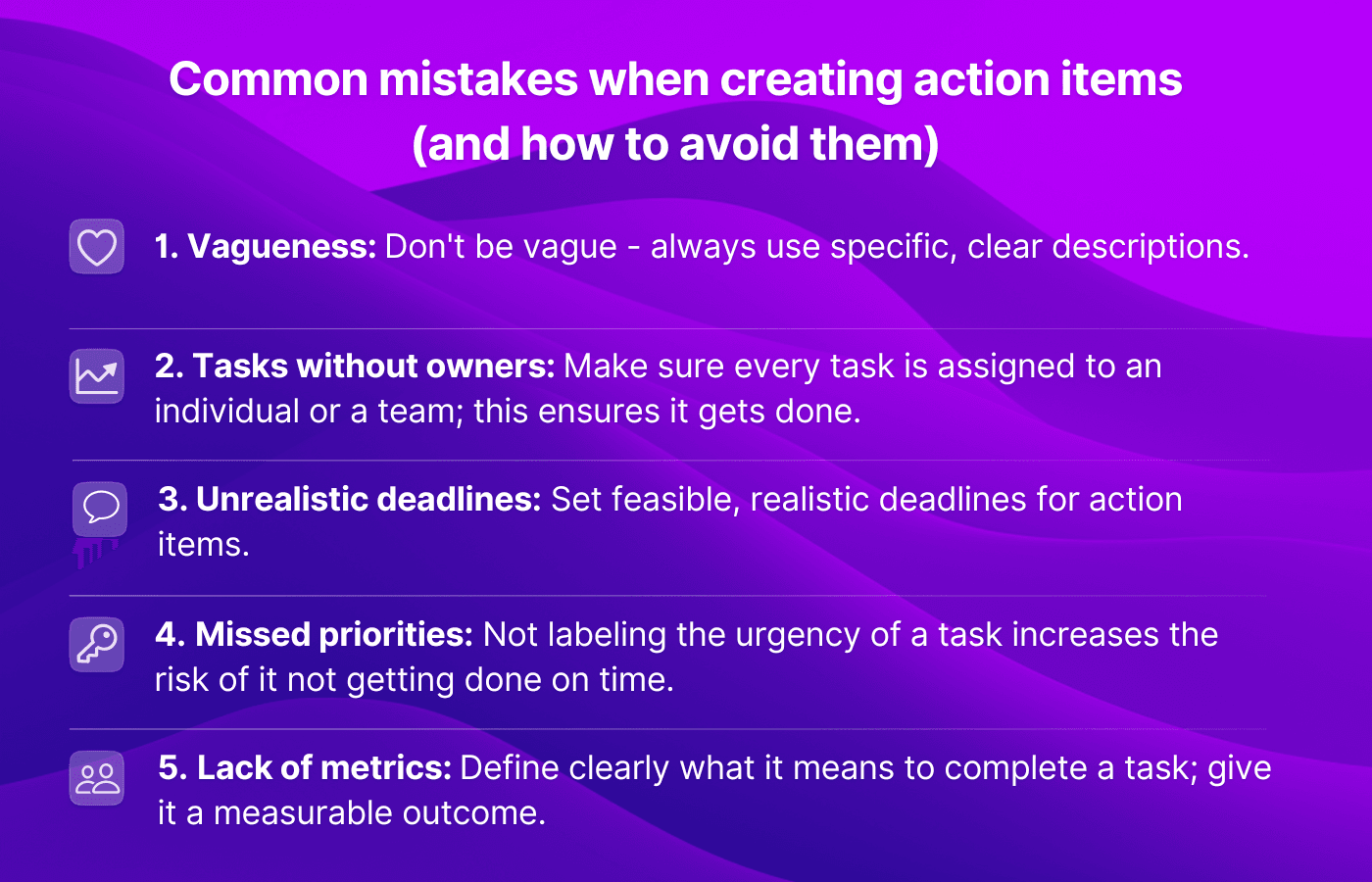 An infographic of mistakes when creating action items