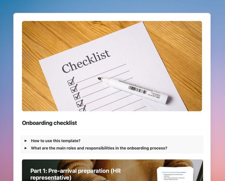 Onboarding checklist template in Craft showing instructions, tips, and the first part of the checklist.