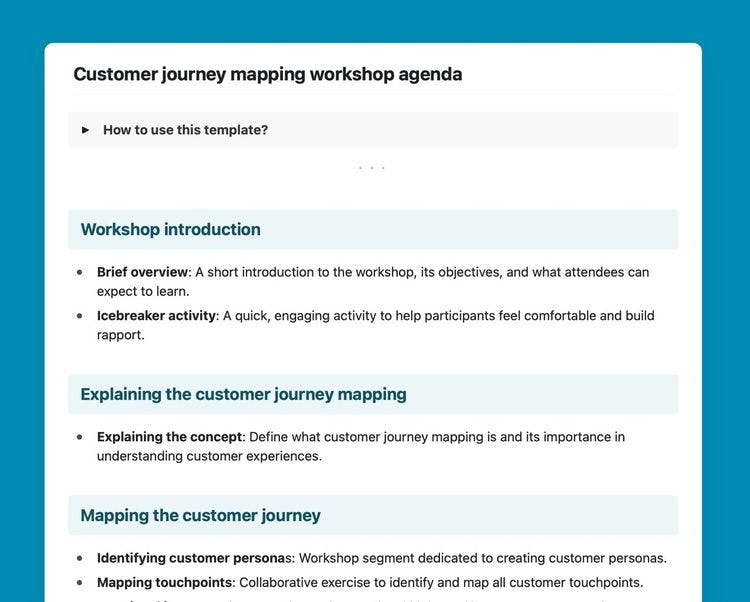 Customer journey mapping workshop agenda template in Craft.