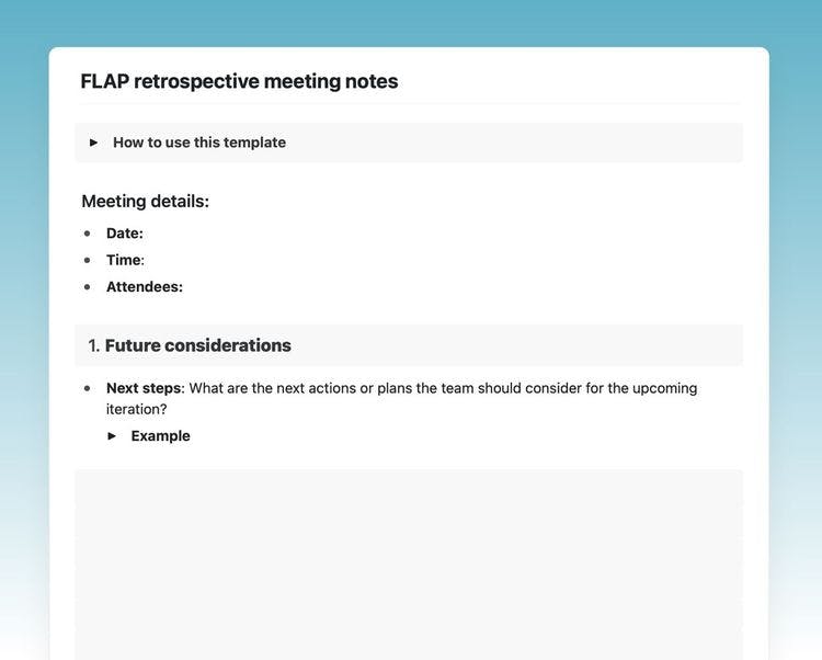 Craft Free Template: Screenshot from the FLAP Retrospective Meeting Notes template in Craft