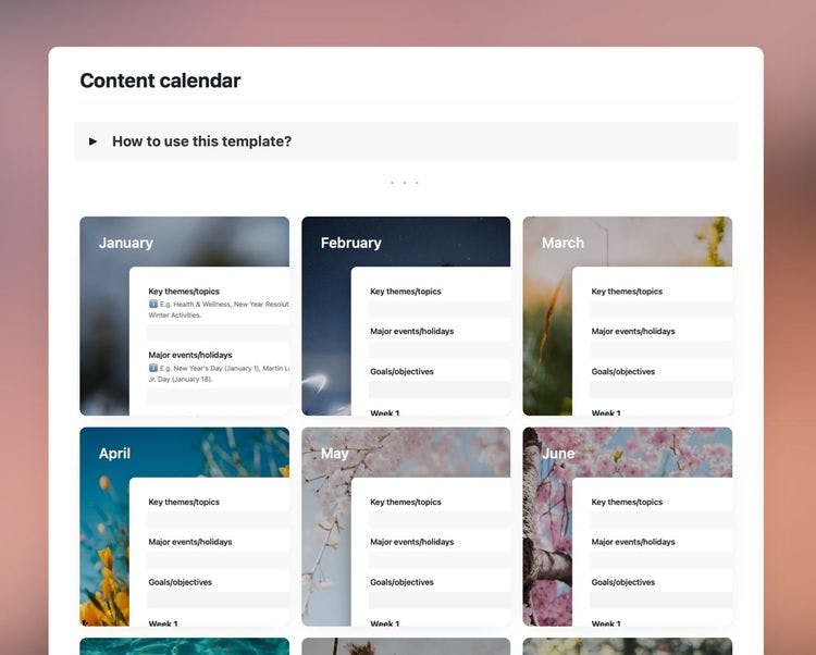 Content calendar template in Craft showing instructions and sections for each month.