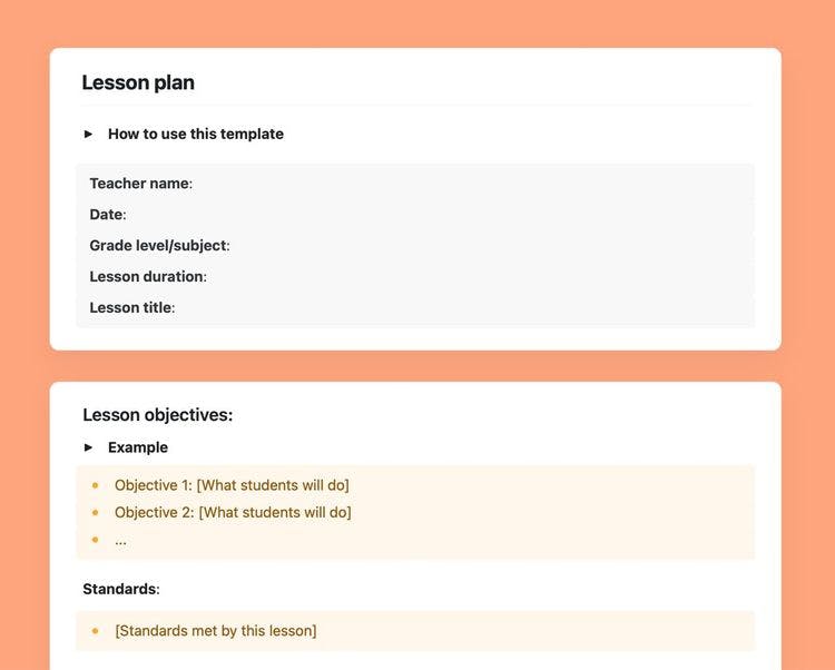 Screenshot of the Craft lesson plan template showing the instructions and “Lesson objectives” sections.
