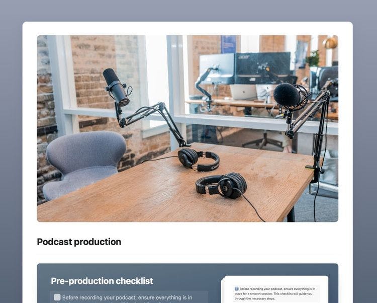 Podcast production template in Craft showing a pre-production checklist section.