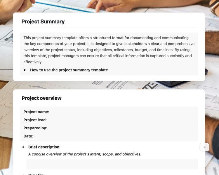 Craft Free Template: project summary in craft