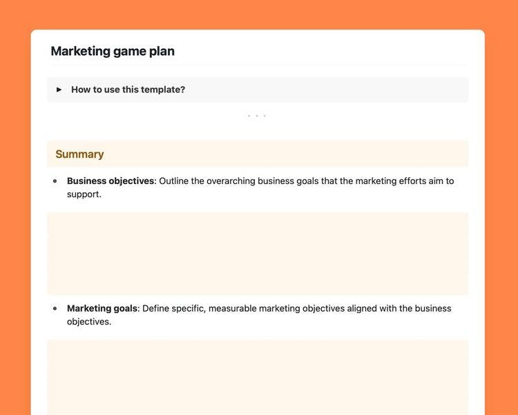 Marketing game plan template in Craft.