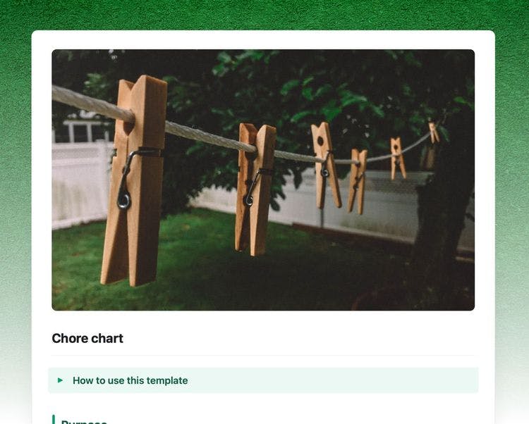 Chore chart in Craft showing an image that pegs on a washing line and instructions on “How to use this template”.