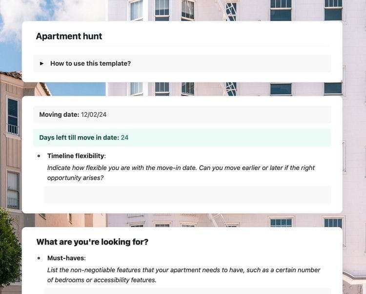 Apartment hunt template in Craft showing instructions and the timeline.