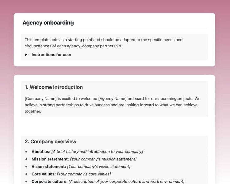 Screenshot of the Craft agency onboarding template showing the “Welcome introduction” and “Company overview” sections.