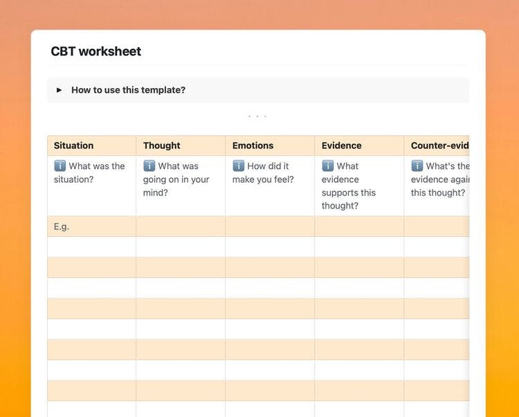 Craft Free Template: CBT worksheet template in Craft showing instructions.