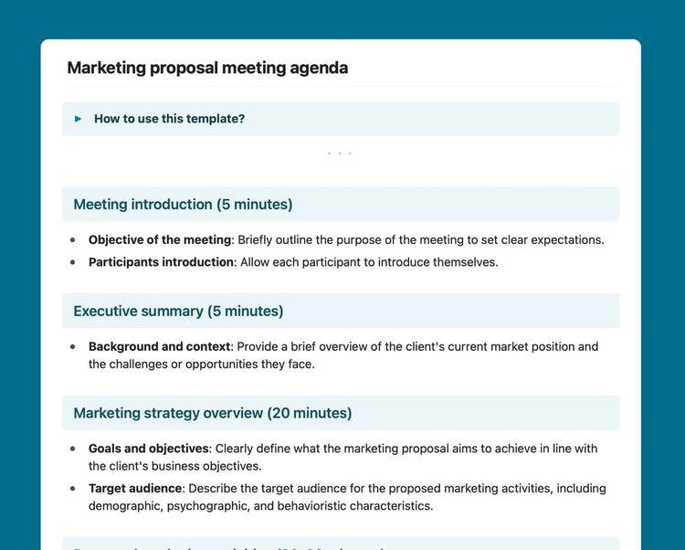 Marketing proposal meeting agenda template in Craft.