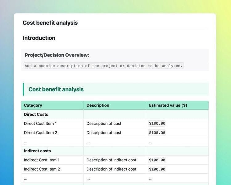 Cost benefit analysis template in Craft.