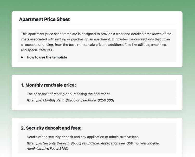 Apartment price sheet in craft