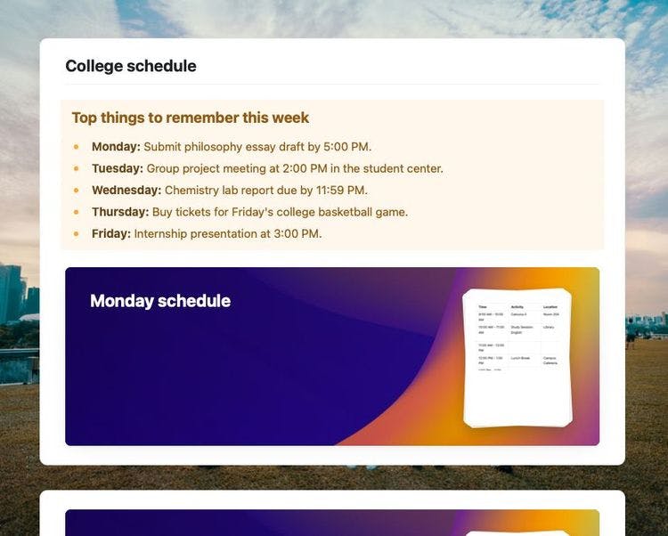 Craft Free Template: College schedule in Craft