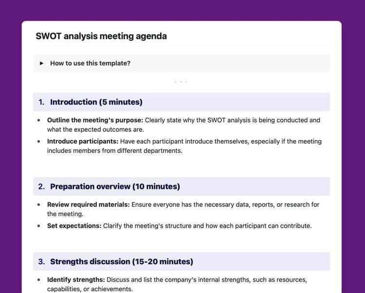 Craft Free Template: SWOT analysis meeting agenda template.