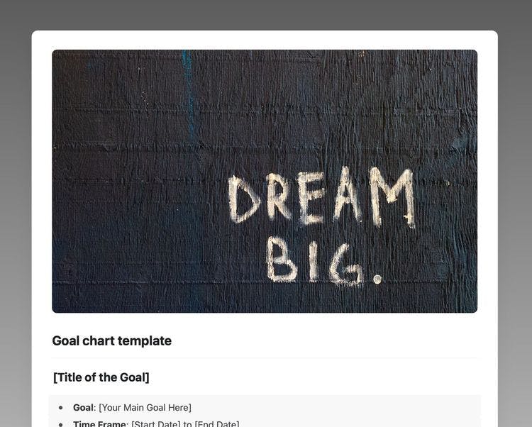 Craft Free Template: Goal chart template in Craft showing a cover image that says “Dream big” and the introduction to the template.