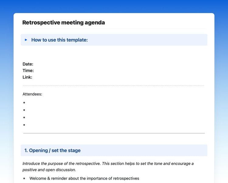 Craft Free Template: A retrospective meeting agenda template followed by how to use it, date, time, link, attendees of the meeting.