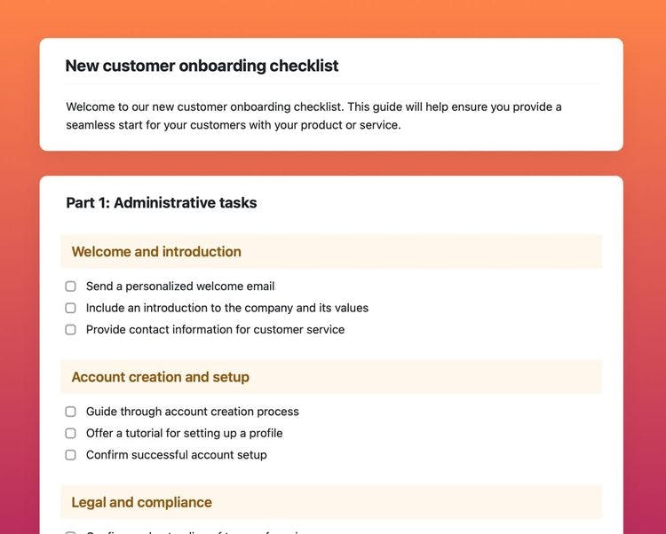Craft Free Template: new customer onboarding checklist in craft