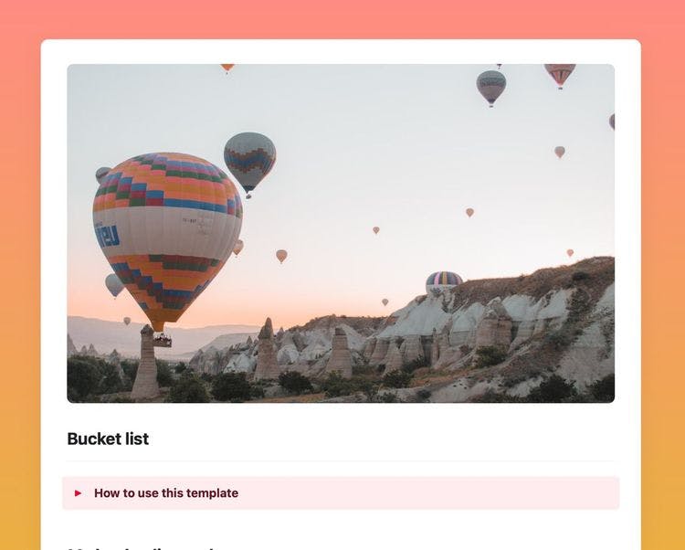 Bucket list in Craft showing an image of hot air balloons in Turkey, and instructions on “How to use this template”.