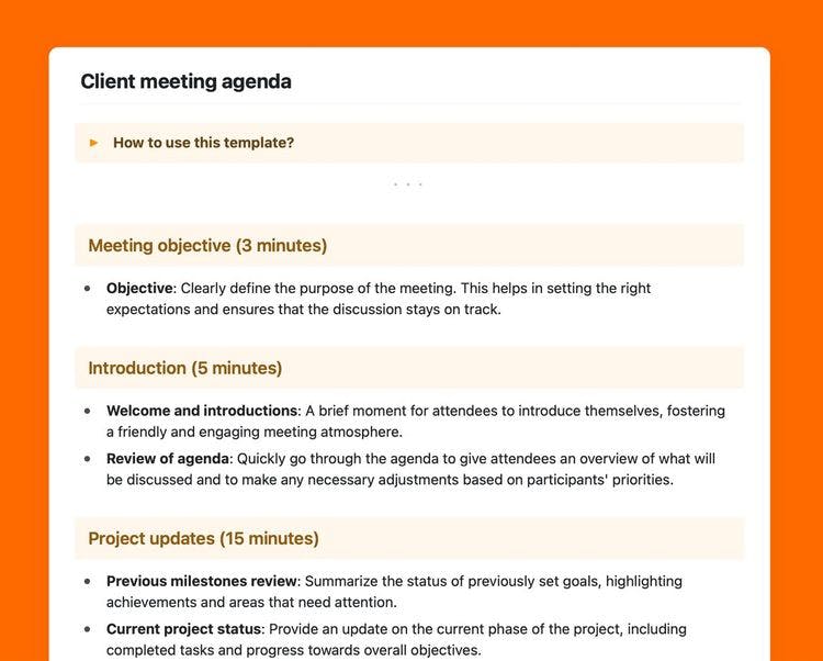 Client meeting agenda template in Craft showing instructions.