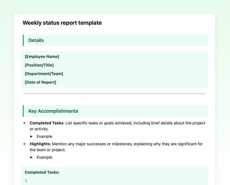 Craft Free Template: Weekly status report in craft